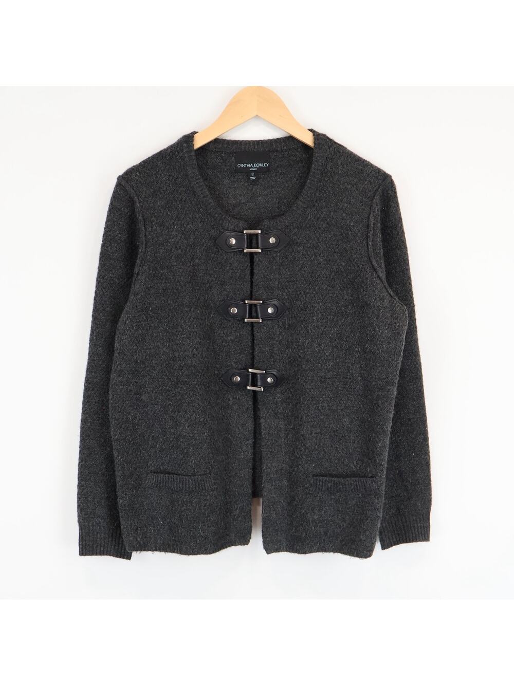 Cynthia Rowley Charcoal Gray Faux Leather Buckle Cardigan Sweater Size 1X
